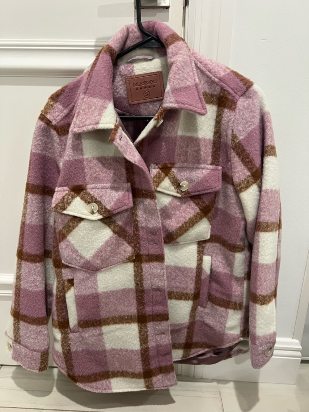 Blank NYC Pink Plaid Utility Shacket with Cream & Brown Checks